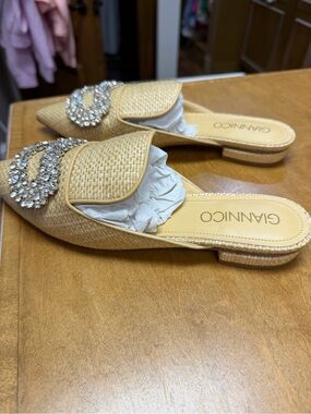 Beige Embellished Raffia Slide Mules